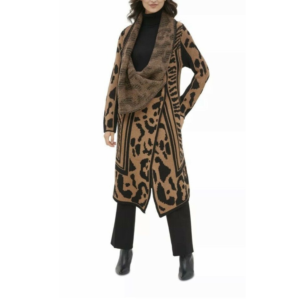 CALVIN KLEIN‎ Womens New Brown Animal Print Wing Collared Sweater Small S